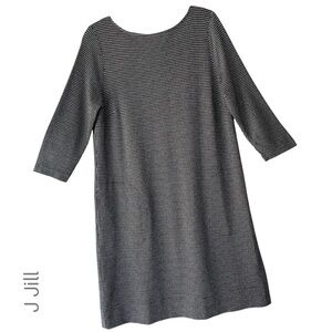 J JILL | PONTE KNIT BLACK & WHITE SHIFT DRESS BOAT NECK 3/4 SLEEVE POCKETS SMALL